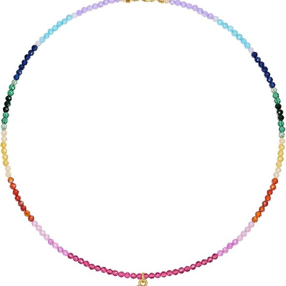 Beaded Initial Necklace Women Gold Plated Rainbow Gemstone Choker Summer Beach J - Picture 1 of 7